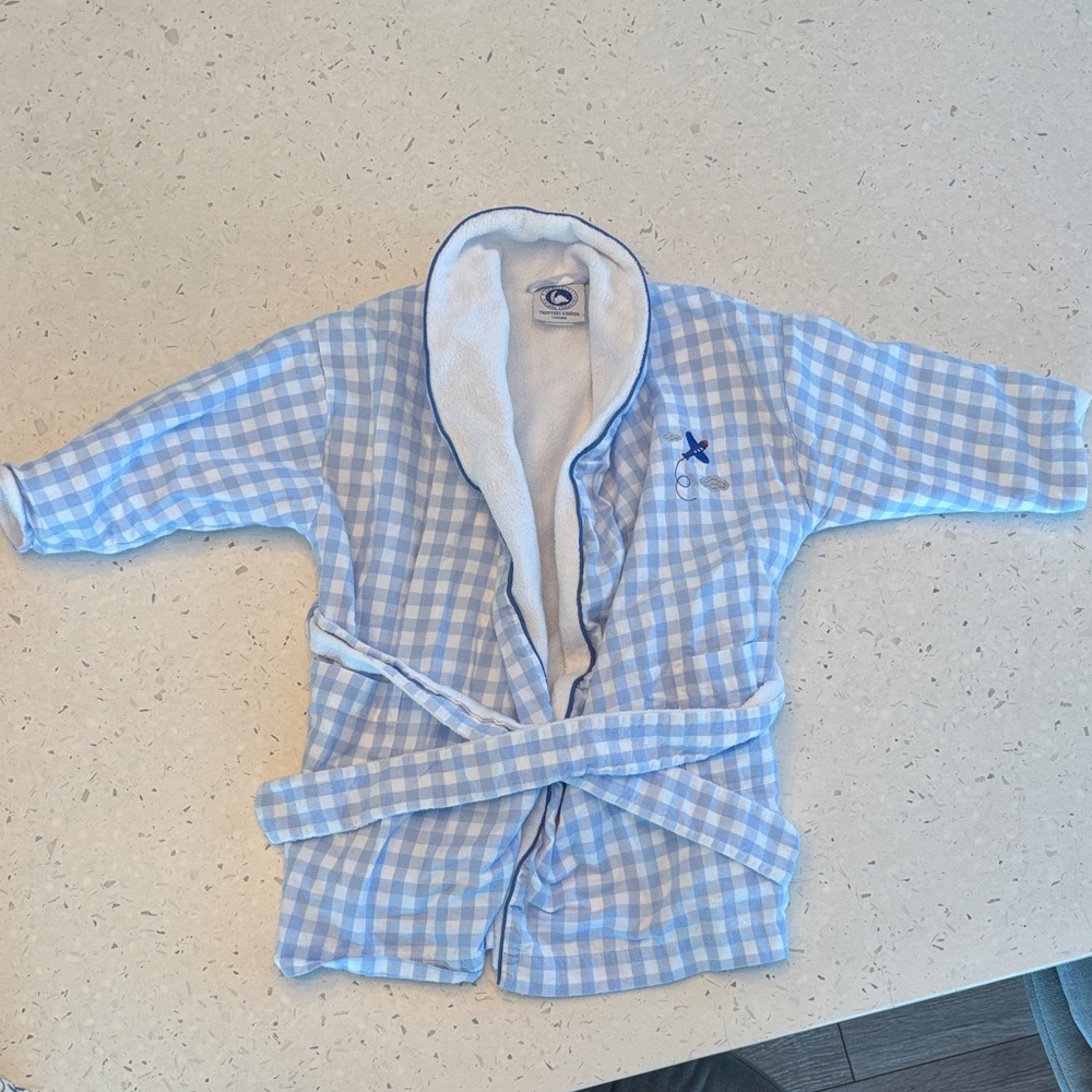 Trotters London Soft Blue Checkered Kids Pajama Robe Sz 12-24mo